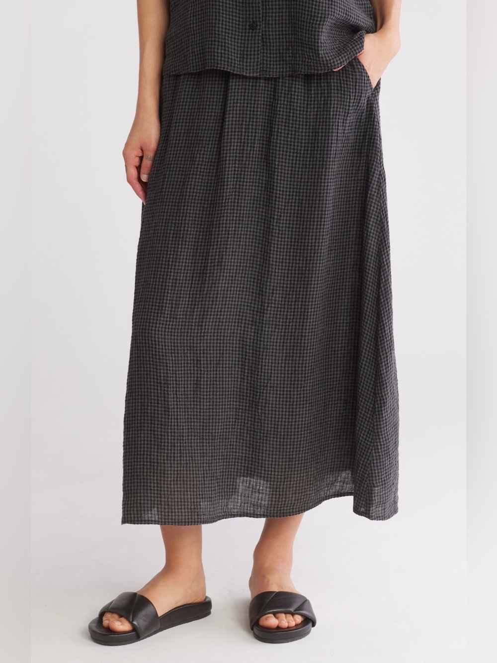 Eileen Fisher Gathered Organic Linen Maxi Skirt Black & Grey Check | XL | EUC